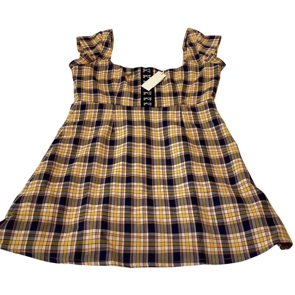 Capulet Plaid Mini Dress Yellow Navy Check Corset‎ Front Ruffle Sleeves Size L